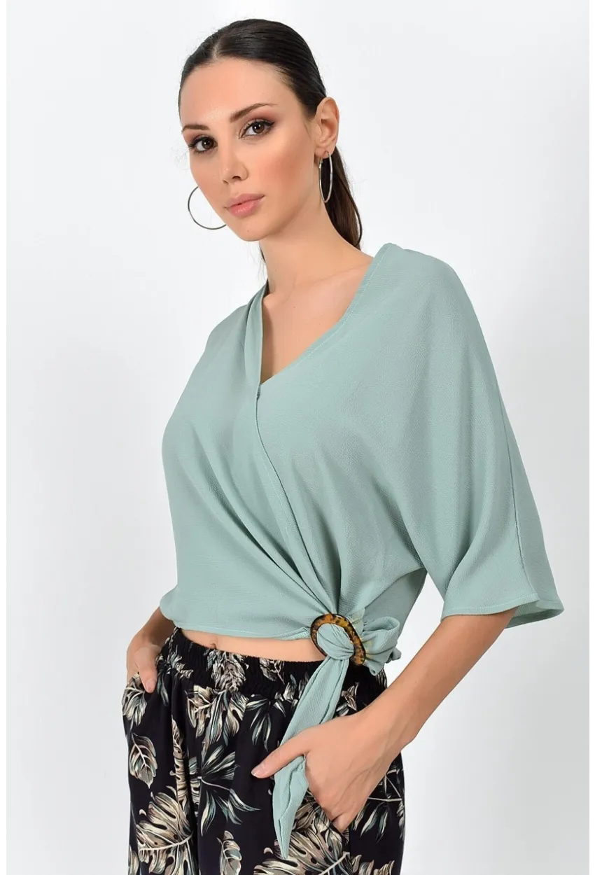 Kobe Kruvaze Yaka Yarasa Kol Bağlamalı Bluz