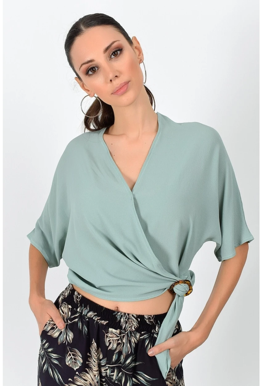 Kobe Kruvaze Yaka Yarasa Kol Bağlamalı Bluz