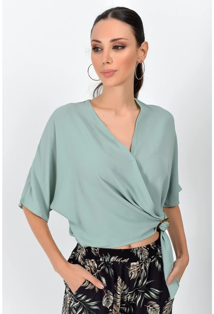 Kobe Kruvaze Yaka Yarasa Kol Bağlamalı Bluz