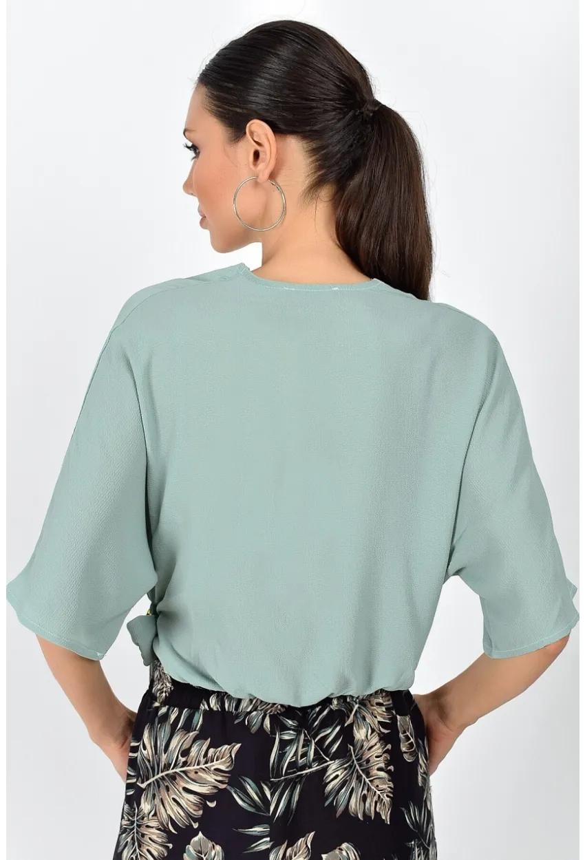 Kobe Kruvaze Yaka Yarasa Kol Bağlamalı Bluz