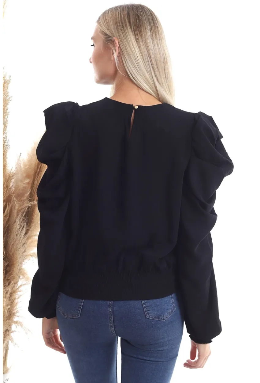 Kol Pileli Etek Gipeli Uzun Kol Siyah Bluz