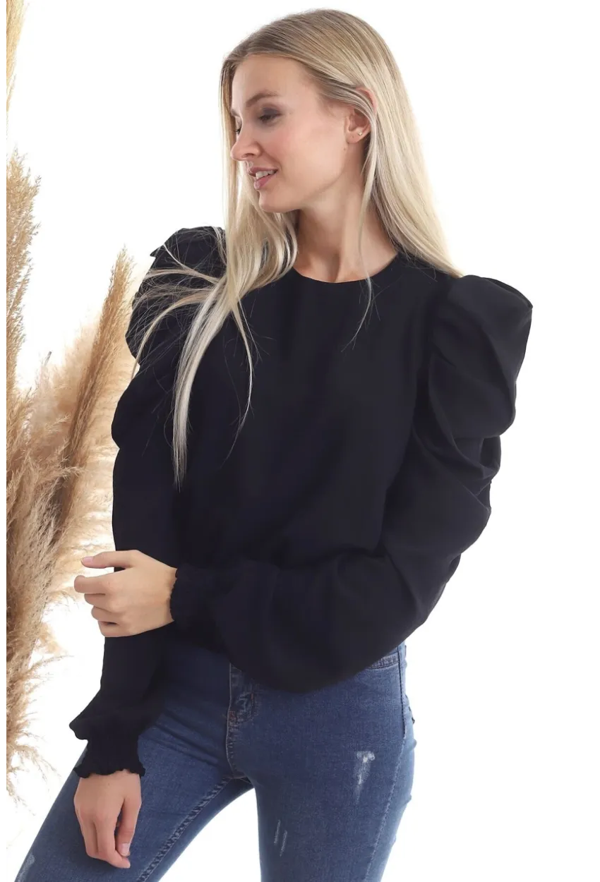 Kol Pileli Etek Gipeli Uzun Kol Siyah Bluz