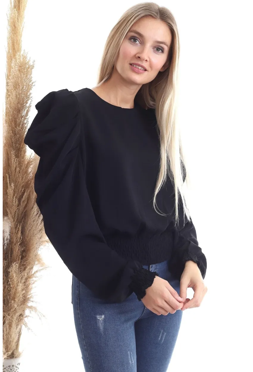 Kol Pileli Etek Gipeli Uzun Kol Siyah Bluz