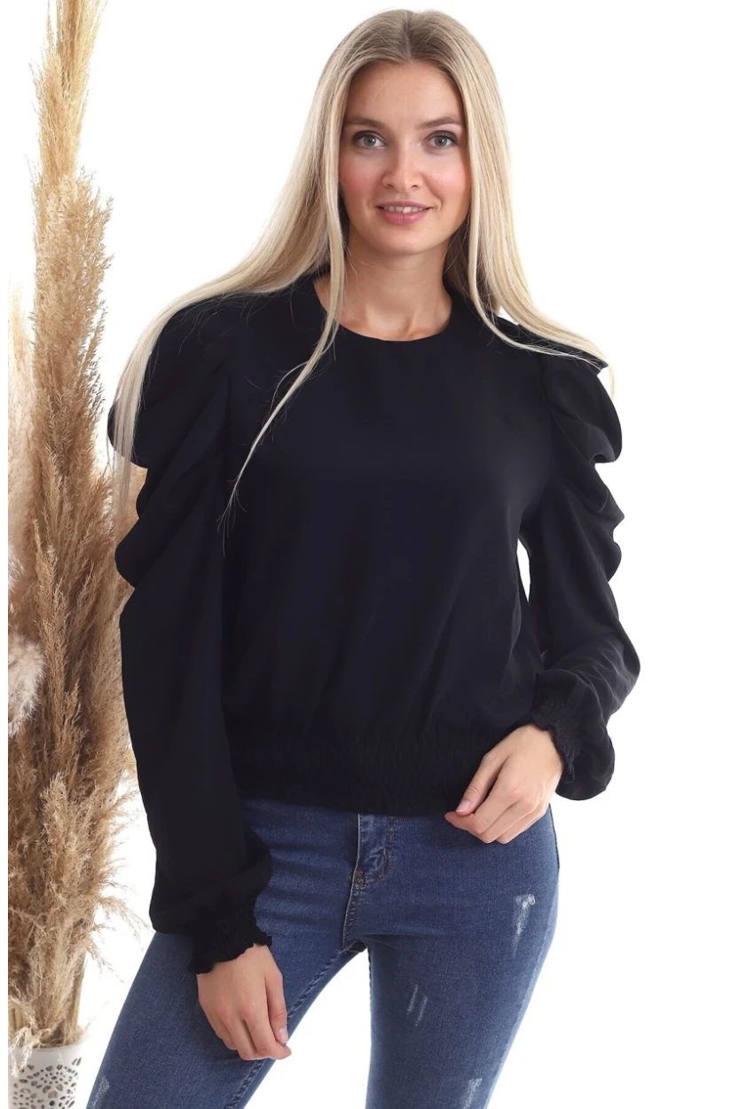 Kol Pileli Etek Gipeli Uzun Kol Siyah Bluz