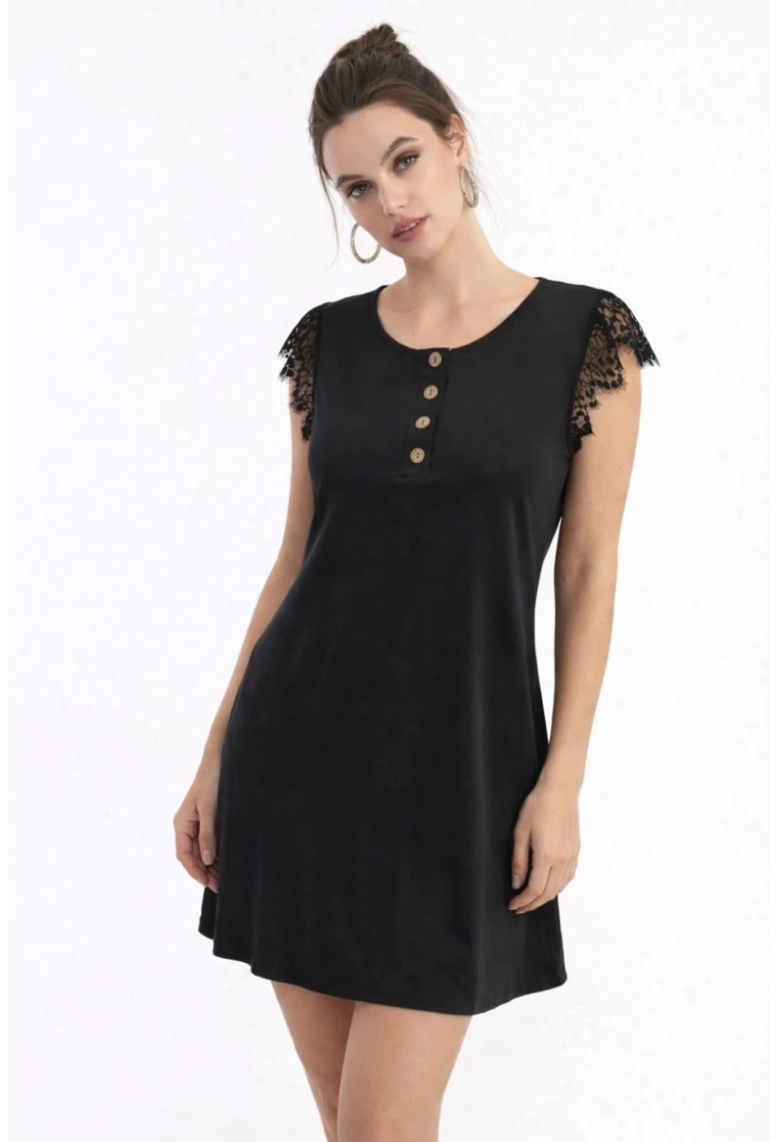 Kolları Güpür Detaylı Viskon Elbise Siyah