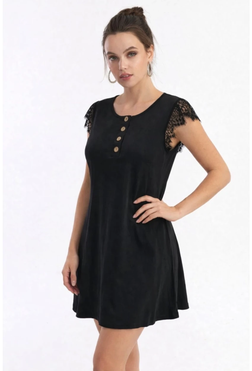 Kolları Güpür Detaylı Viskon Elbise Siyah