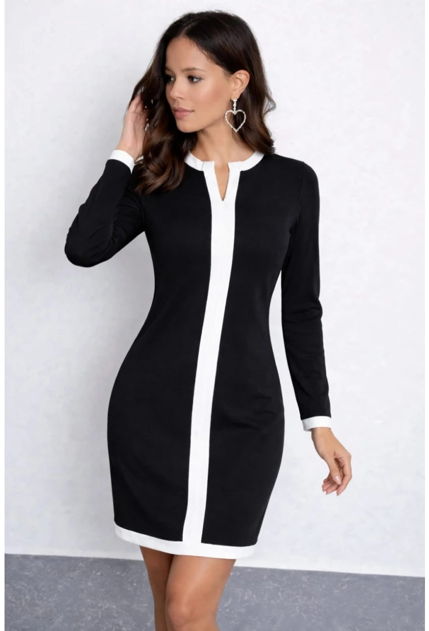 Kontrast Şerit Detaylı Hakim Yaka Siyah Mini Elbise