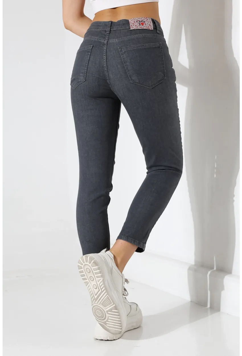 Koyu Gri Yüksek Bel Dar Kesim Jean