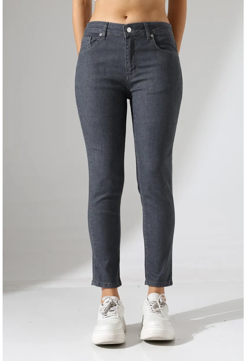 Koyu Gri Yüksek Bel Dar Kesim Jean