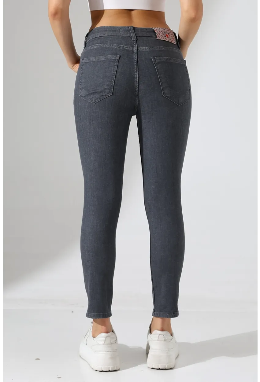 Koyu Gri Yüksek Bel Dar Kesim Jean
