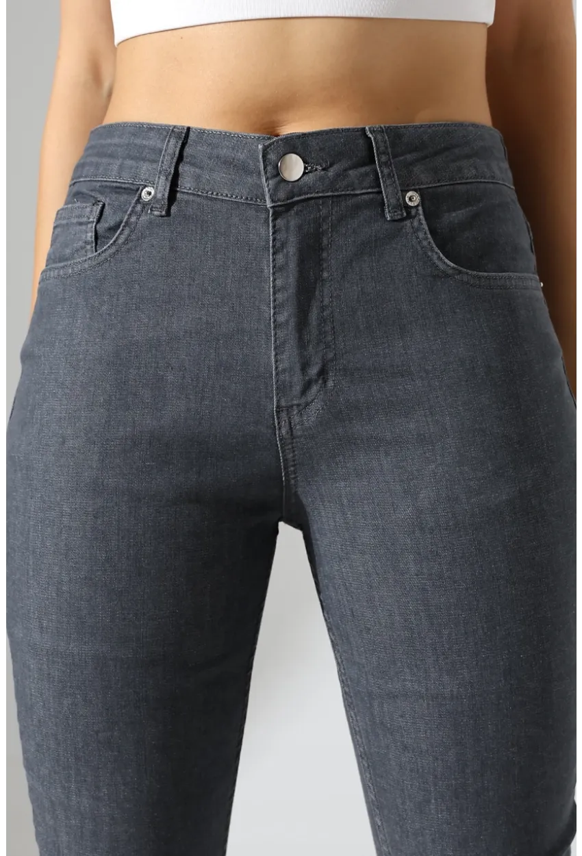 Koyu Gri Yüksek Bel Dar Kesim Jean