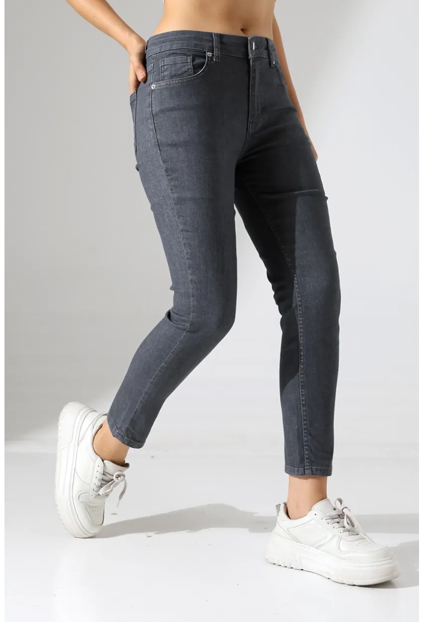 Koyu Gri Yüksek Bel Dar Kesim Jean