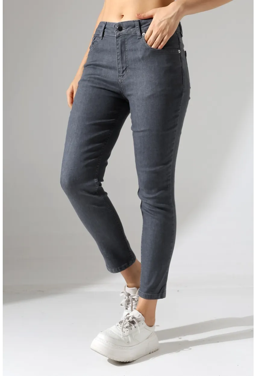 Koyu Gri Yüksek Bel Dar Kesim Jean