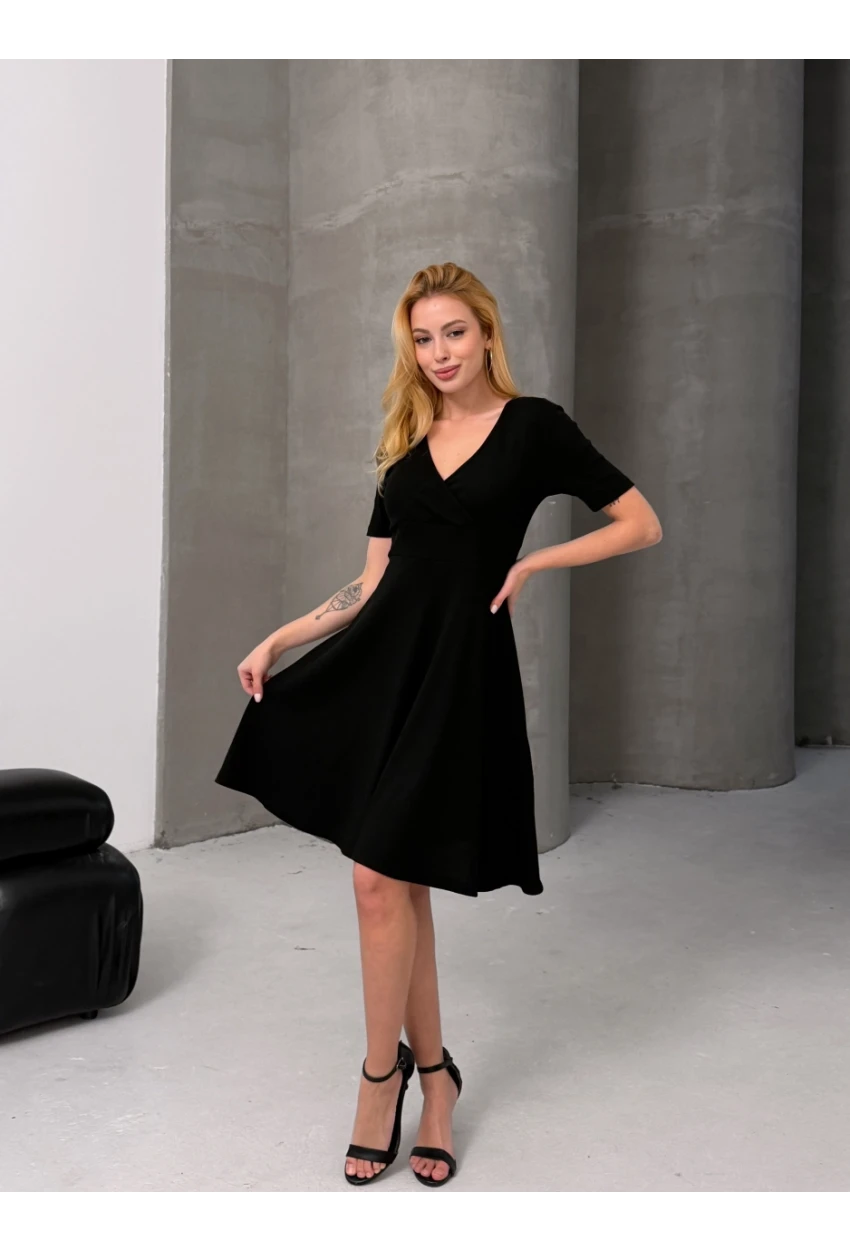 Kruvaze V Yaka Kısa Kollu Kloş Elbise Siyah