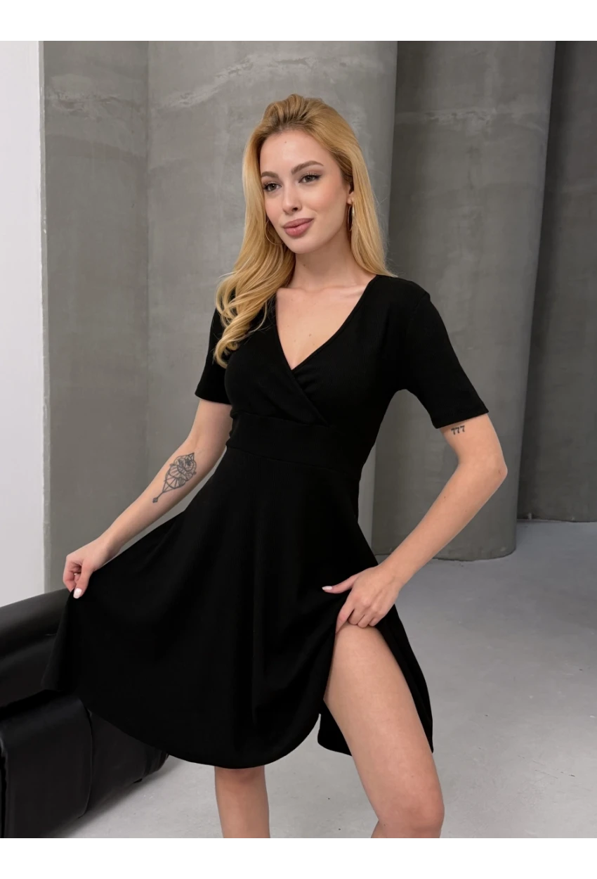 Kruvaze V Yaka Kısa Kollu Kloş Elbise Siyah