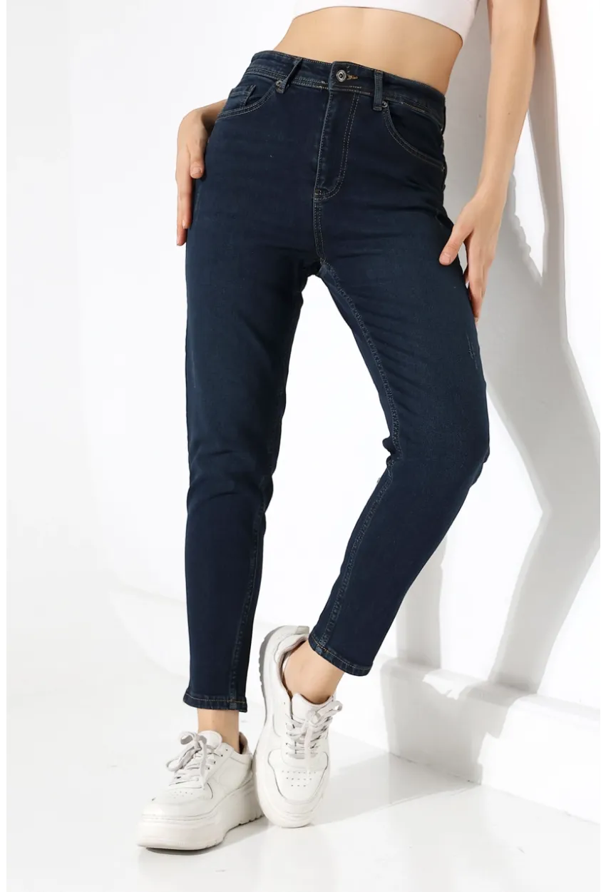 Lacivert Yüksek Bel Slim Fit Jean Pantolon