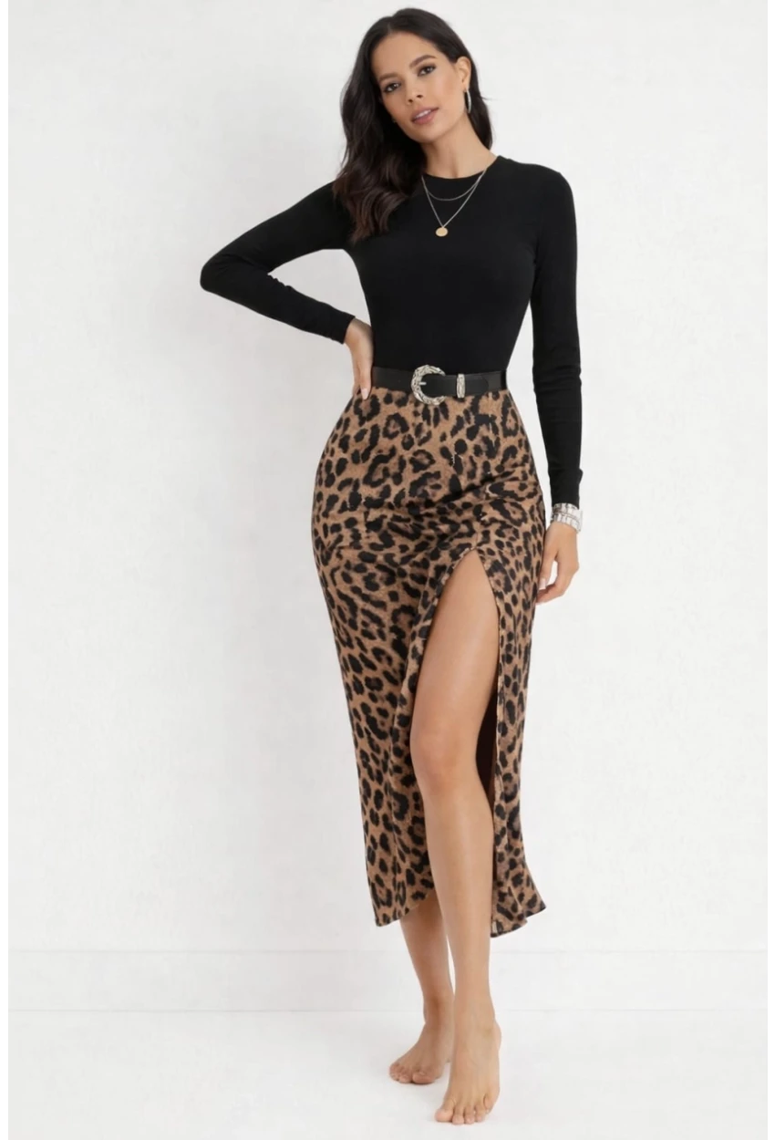 Leopar Desenli  Modal Kumaş Yırtmaç Detaylı Yüksek Bel Midi Etek