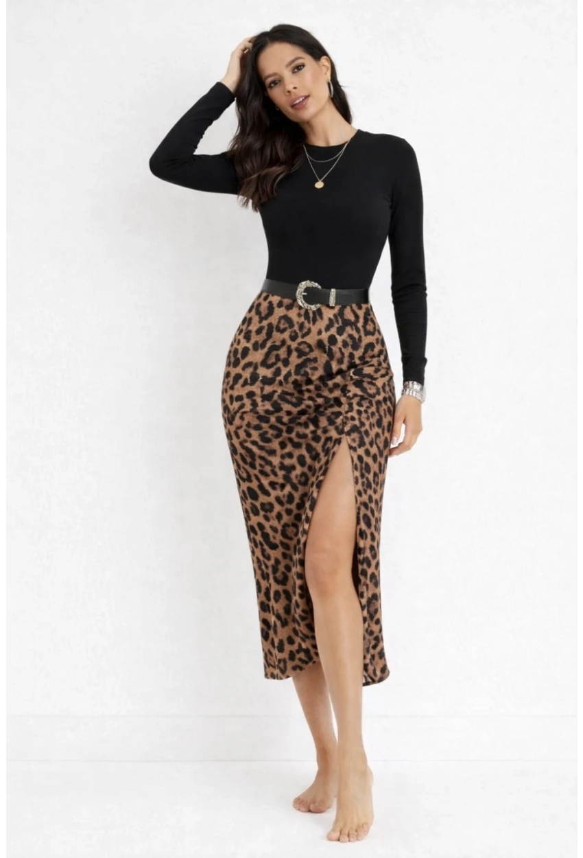 Leopar Desenli  Modal Kumaş Yırtmaç Detaylı Yüksek Bel Midi Etek