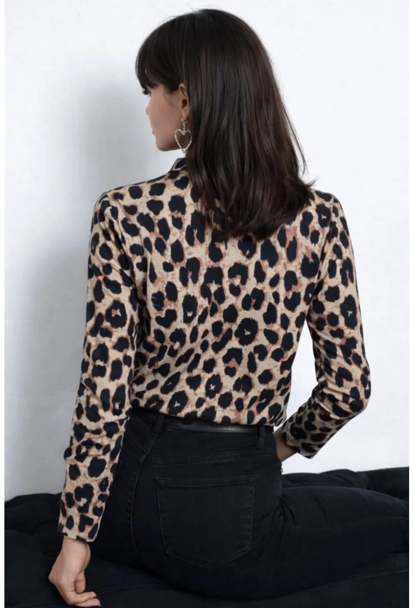 Leopar Desenli V Yaka Uzun Kollu Bluz