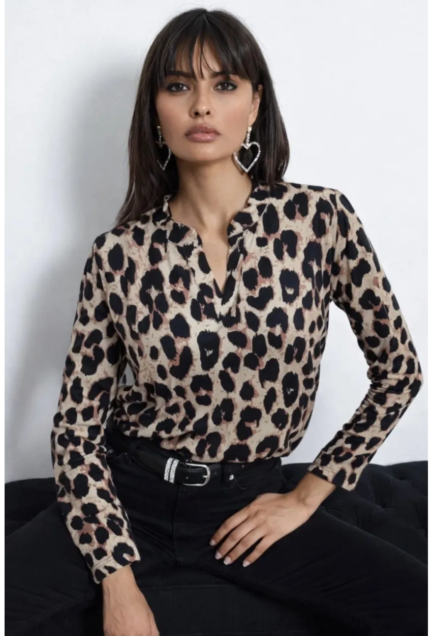 Leopar Desenli V Yaka Uzun Kollu Bluz