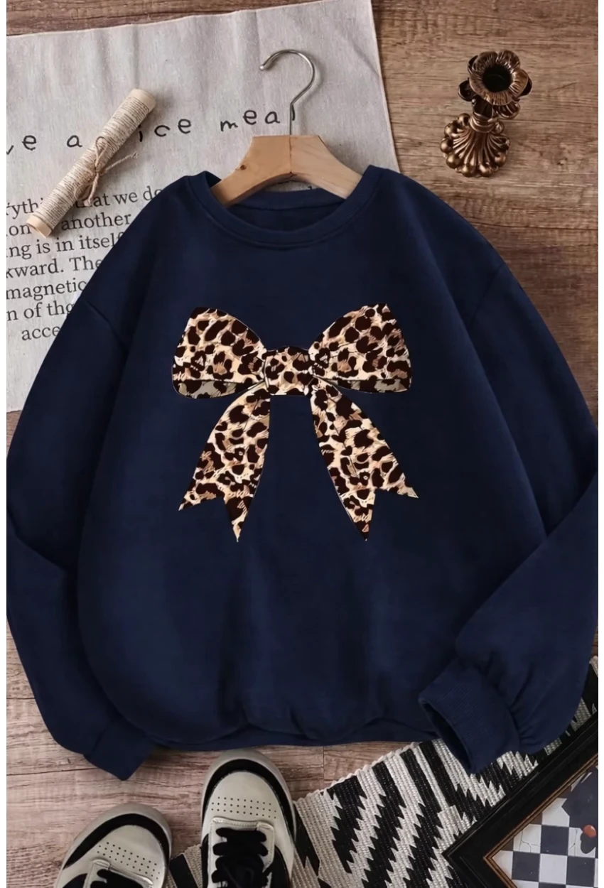 Leopar Fiyonk Baskılı 3Üç İplik Oversize Sweatshirt
