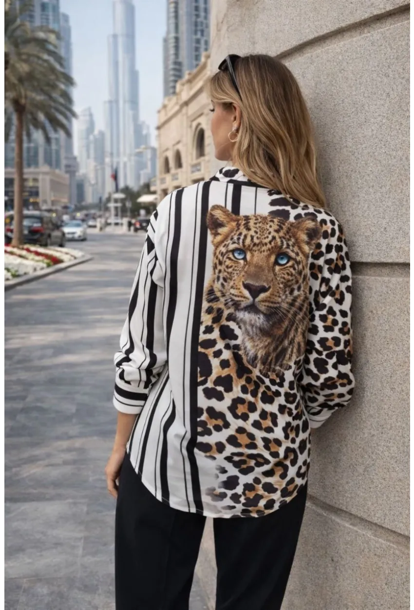 Leopar Taş Bakılı Yarısı Blok Çizgili Gömlek