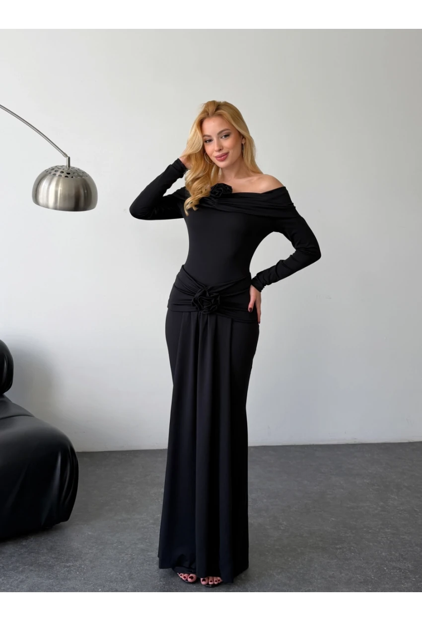 Likralı Modal Kumaş Çiçek Aksesuarlı Maxi Boy Elbise