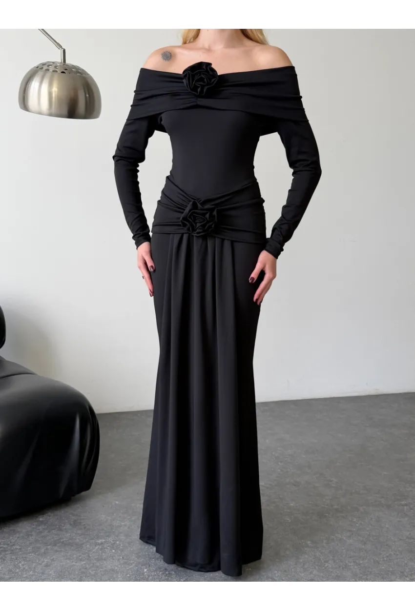 Likralı Modal Kumaş Çiçek Aksesuarlı Maxi Boy Elbise