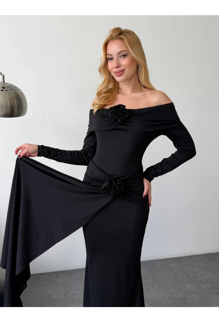 Likralı Modal Kumaş Çiçek Aksesuarlı Maxi Boy Elbise