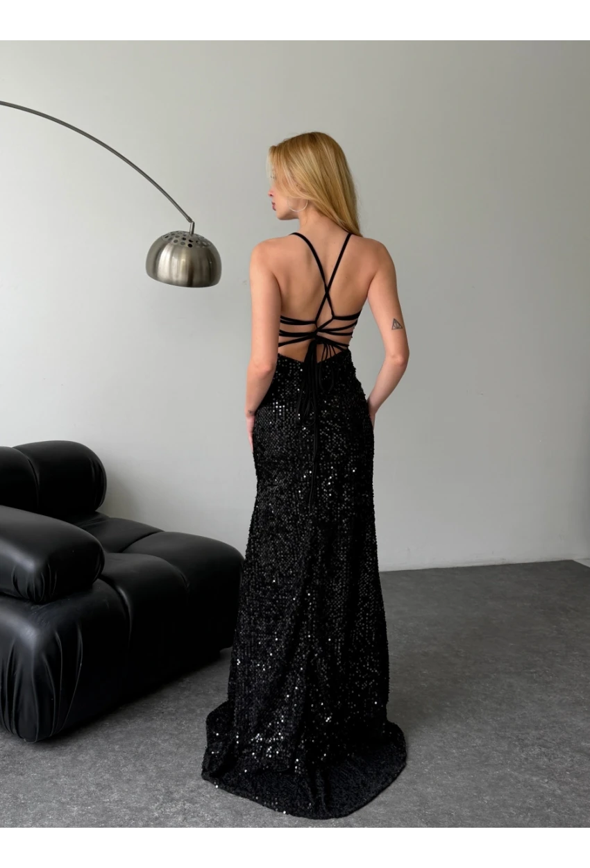 Likralı Pulpayet İşleme Dekolteli Maxi Elbise CL9689