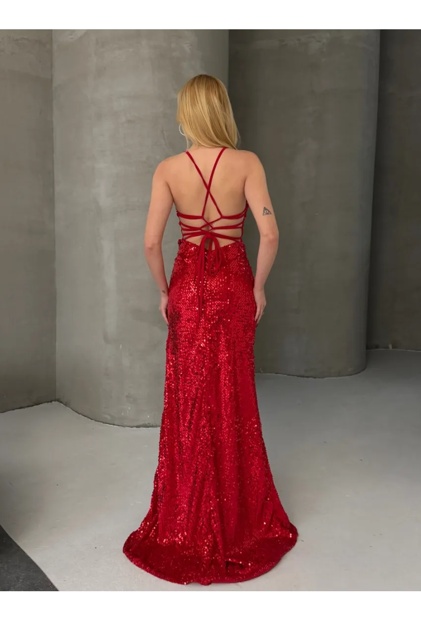 Likralı Pulpayet İşleme Dekolteli Maxi Elbise Kırmızı CL9689