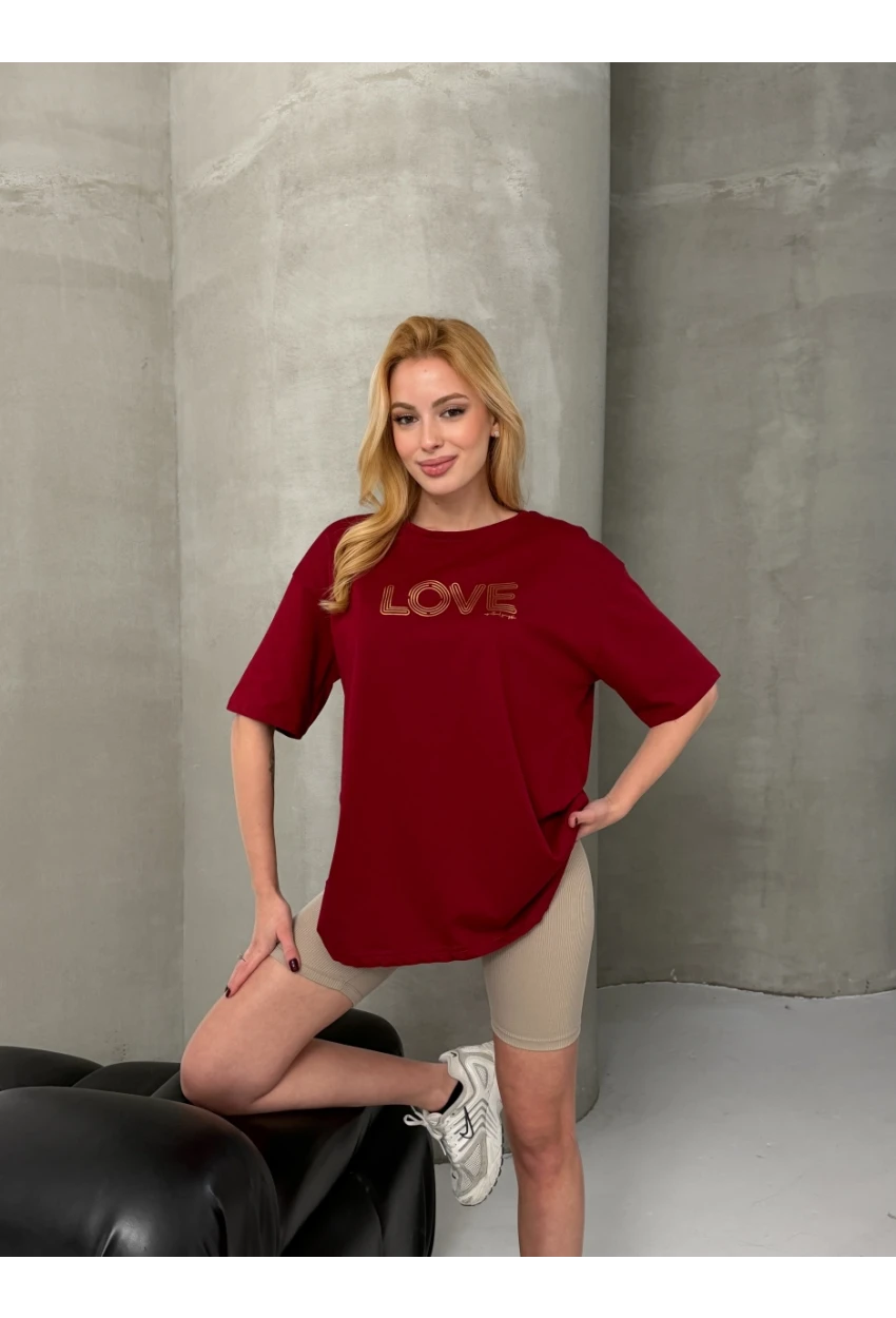 Love Baskılı Oversize Kadın Tişört – Kırmızı