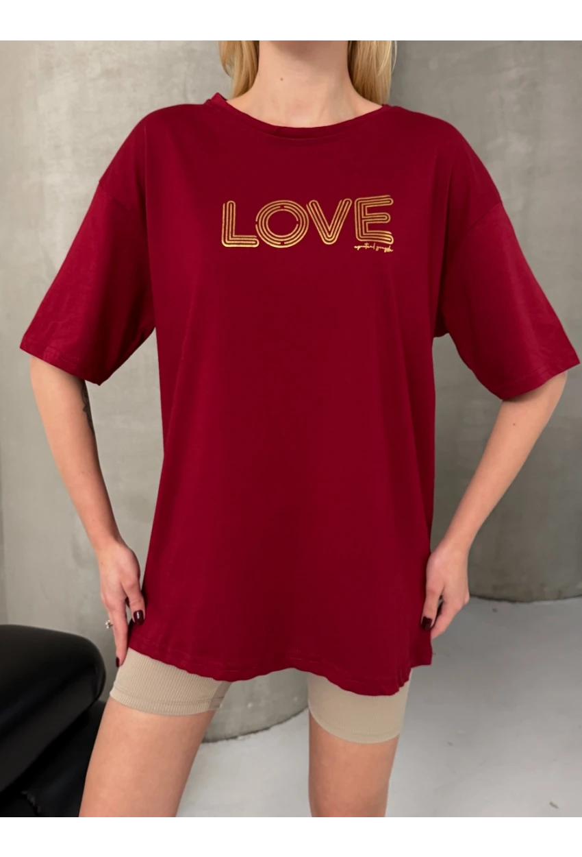 Love Baskılı Oversize Kadın Tişört – Kırmızı