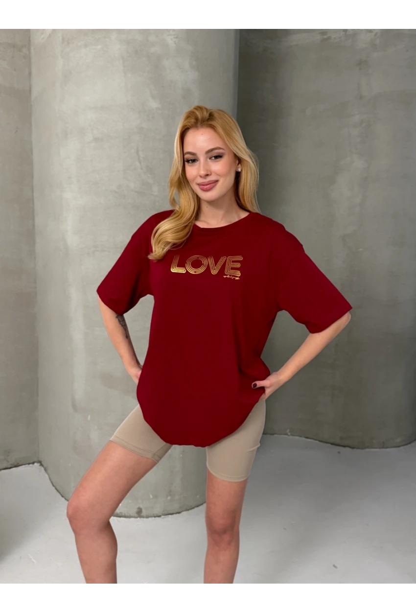 Love Baskılı Oversize Kadın Tişört – Kırmızı