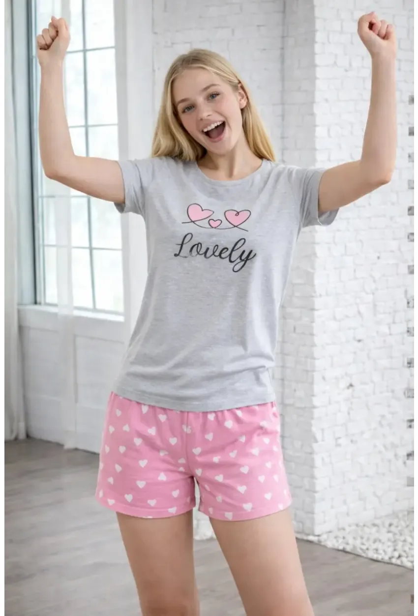 Lovely Baskılı Kalp Desenli Şortlu Kadın Pijama Takımı – Gri & Pembe