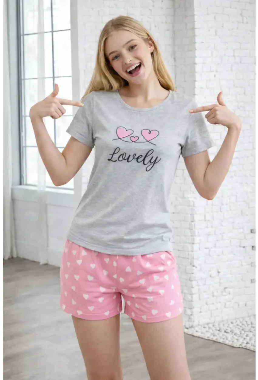 Lovely Baskılı Kalp Desenli Şortlu Kadın Pijama Takımı – Gri & Pembe