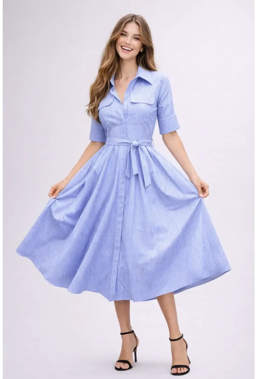 Mavi Çizgili Gömlek Yaka Midi Elbise – Rahat Kesim Günlük Şıklık