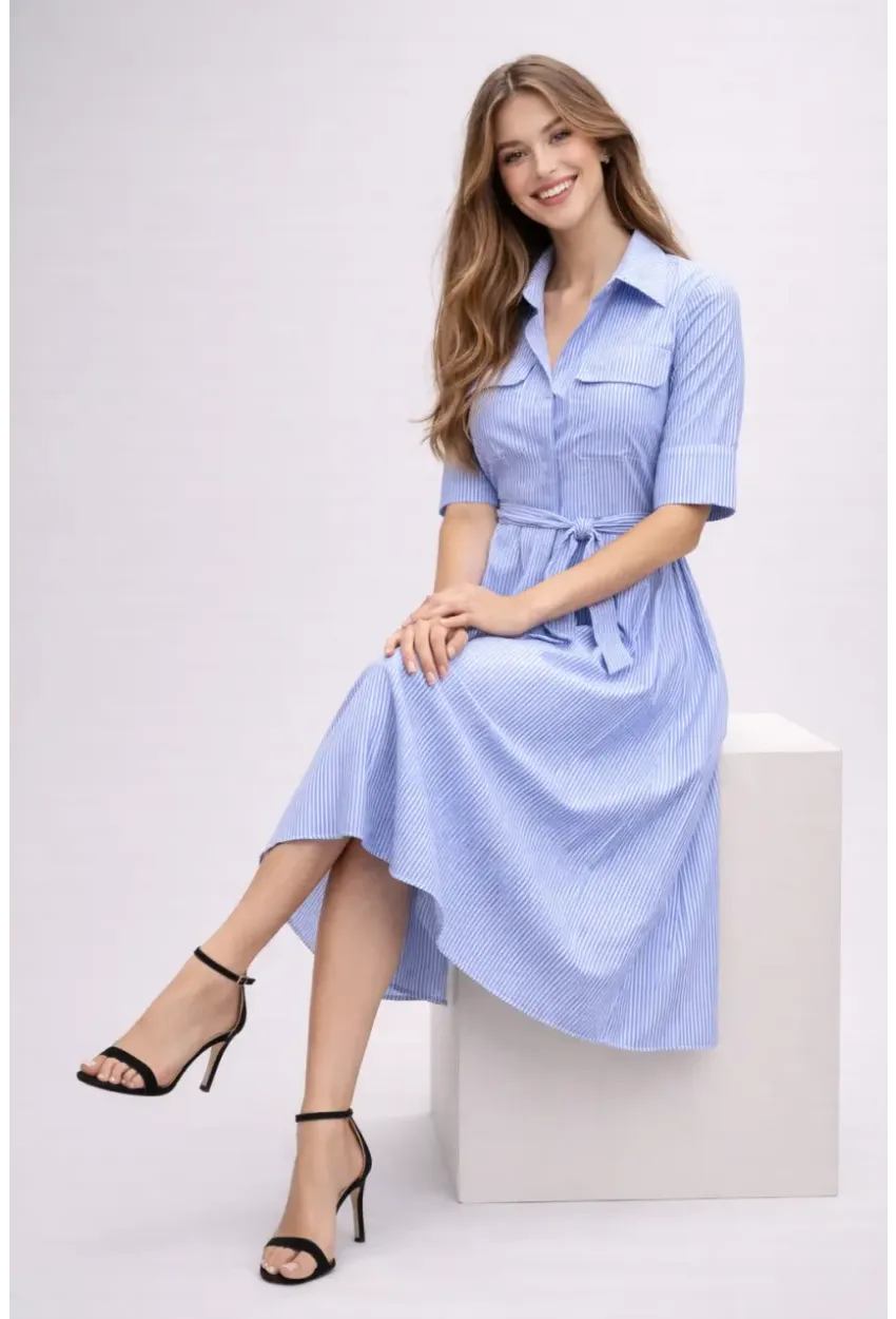 Mavi Çizgili Gömlek Yaka Midi Elbise – Rahat Kesim Günlük Şıklık