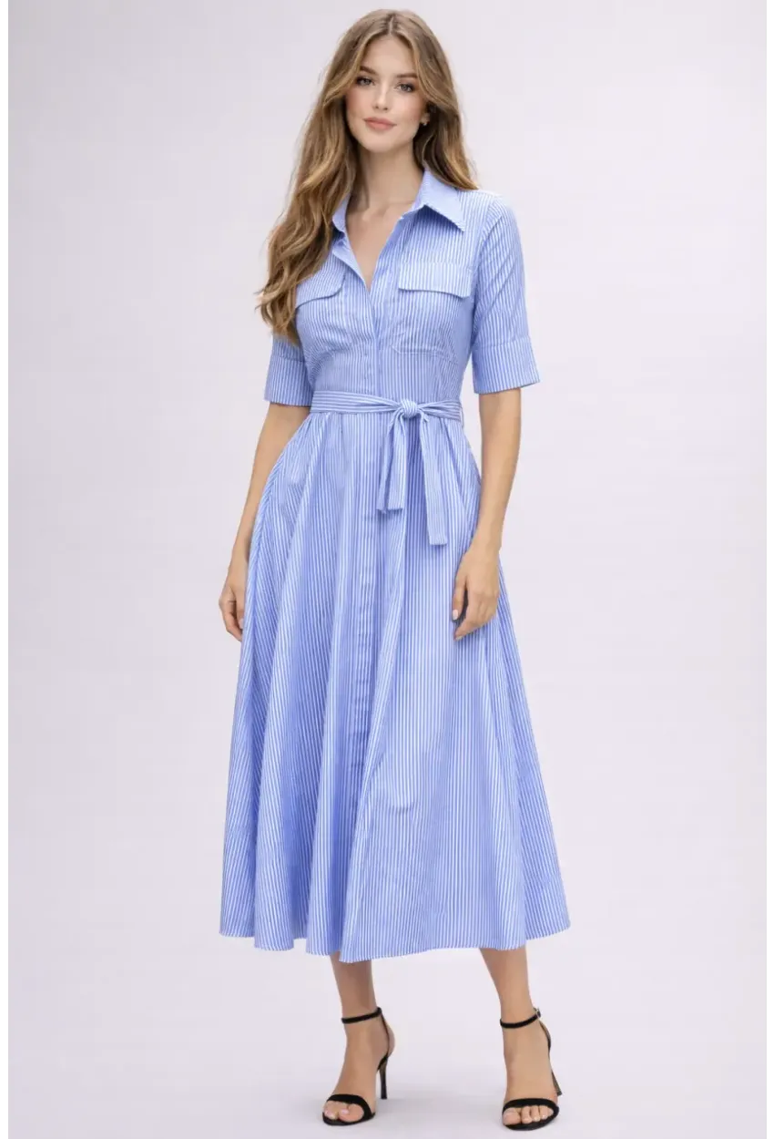 Mavi Çizgili Gömlek Yaka Midi Elbise – Rahat Kesim Günlük Şıklık