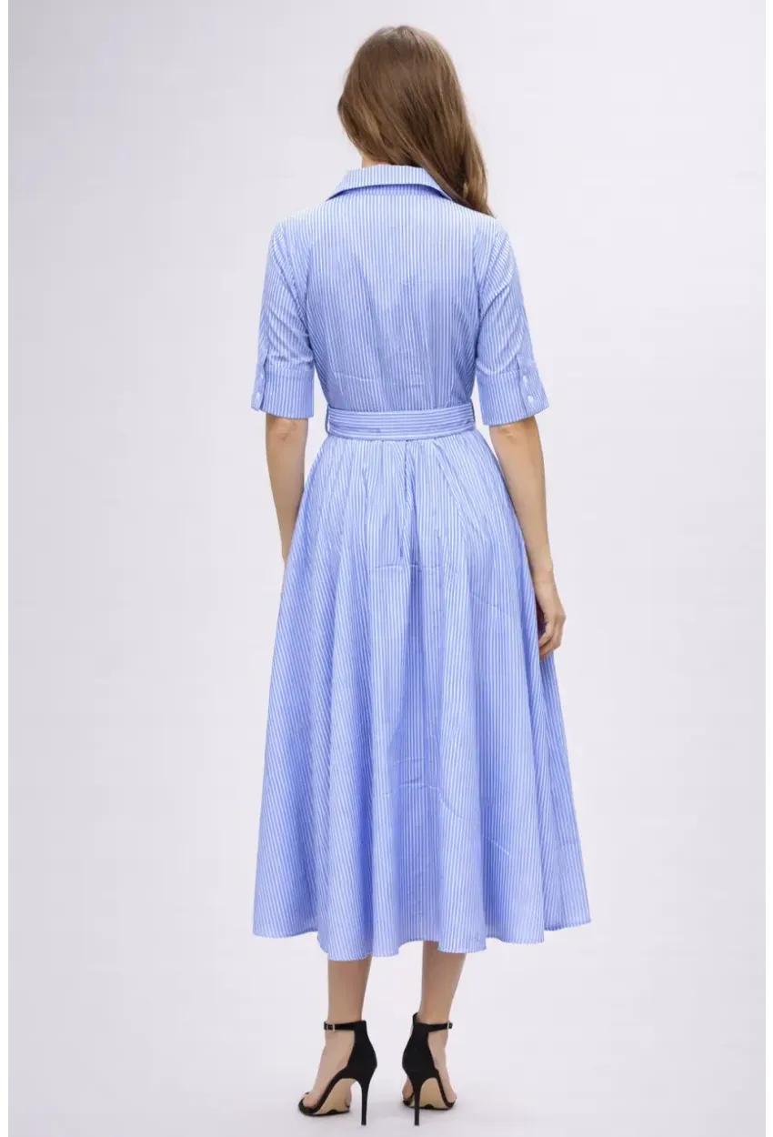 Mavi Çizgili Gömlek Yaka Midi Elbise – Rahat Kesim Günlük Şıklık