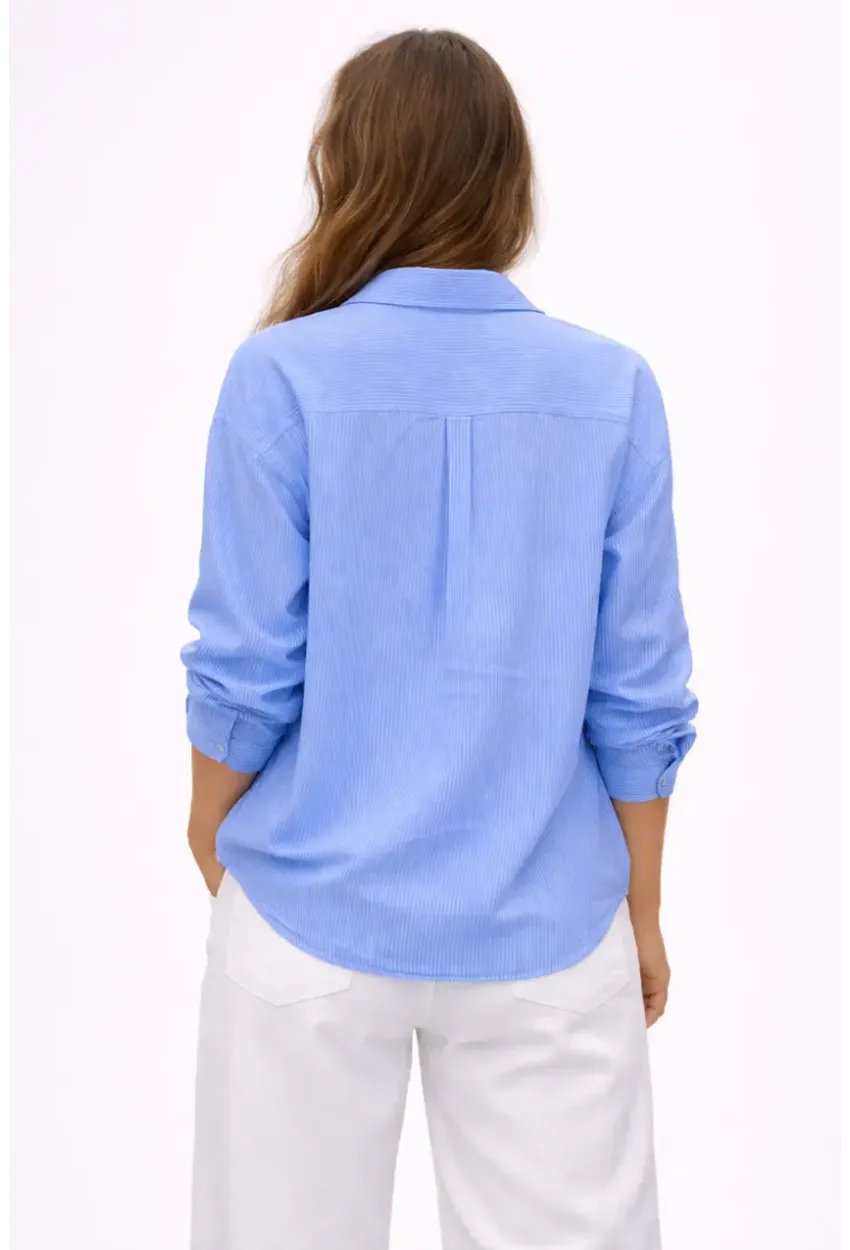 Mavi Çizgili Jakar Kumaş Oversize Gömlek