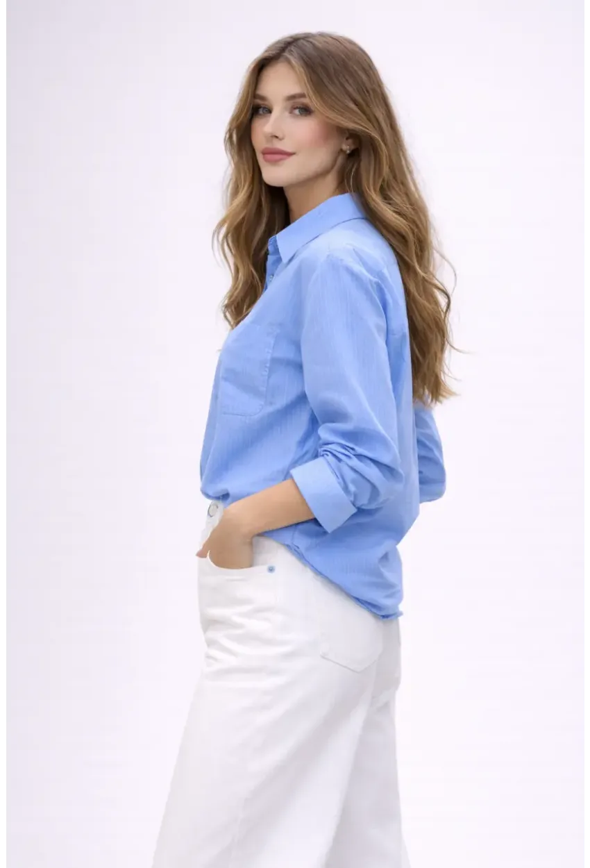 Mavi Çizgili Jakar Kumaş Oversize Gömlek