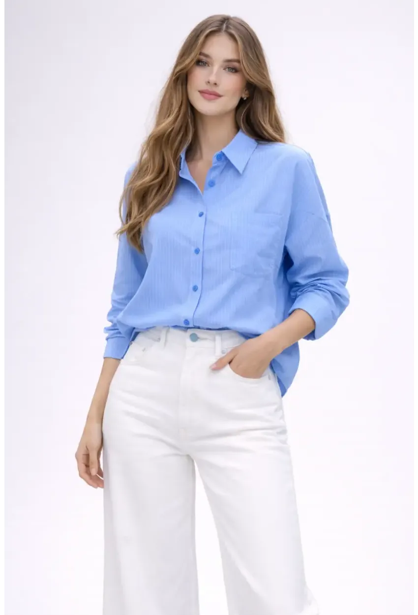 Mavi Çizgili Jakar Kumaş Oversize Gömlek