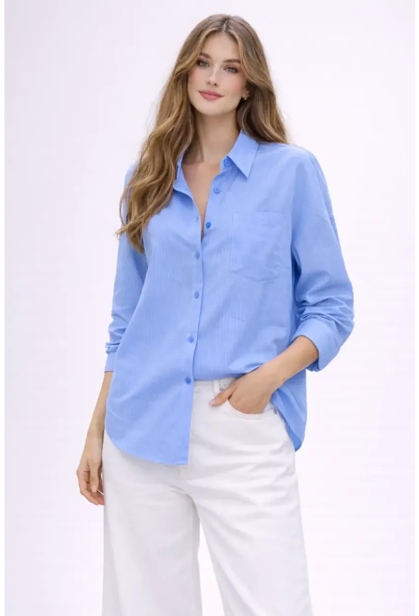 Mavi Çizgili Jakar Kumaş Oversize Gömlek