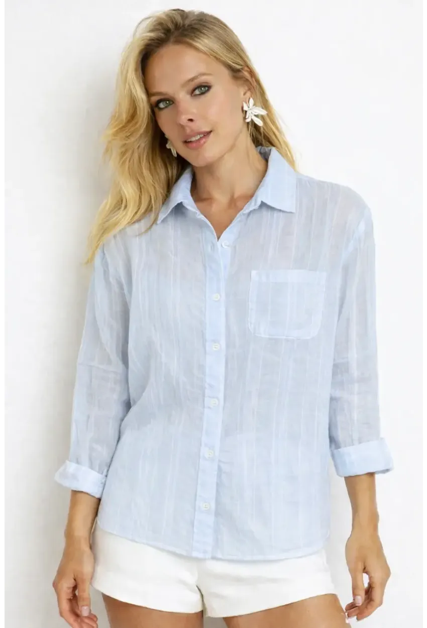 Mavi Çizgili Transparan Dokulu Oversize Kadın Gömlek