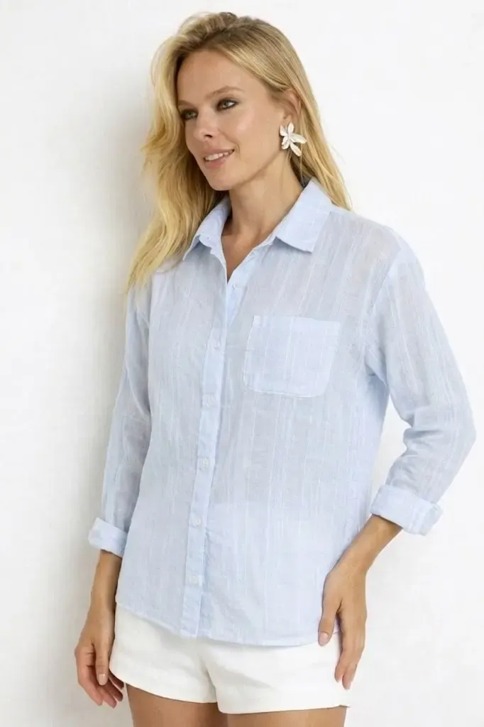 Mavi Çizgili Transparan Dokulu Oversize Kadın Gömlek