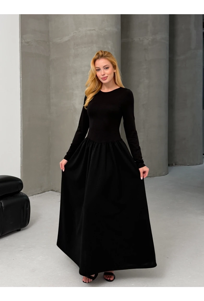 Maxi Boy Etek Kısmı Dokuma Poplin Kloş Üst Kısmı Esnek Viskon Siyah Elbise