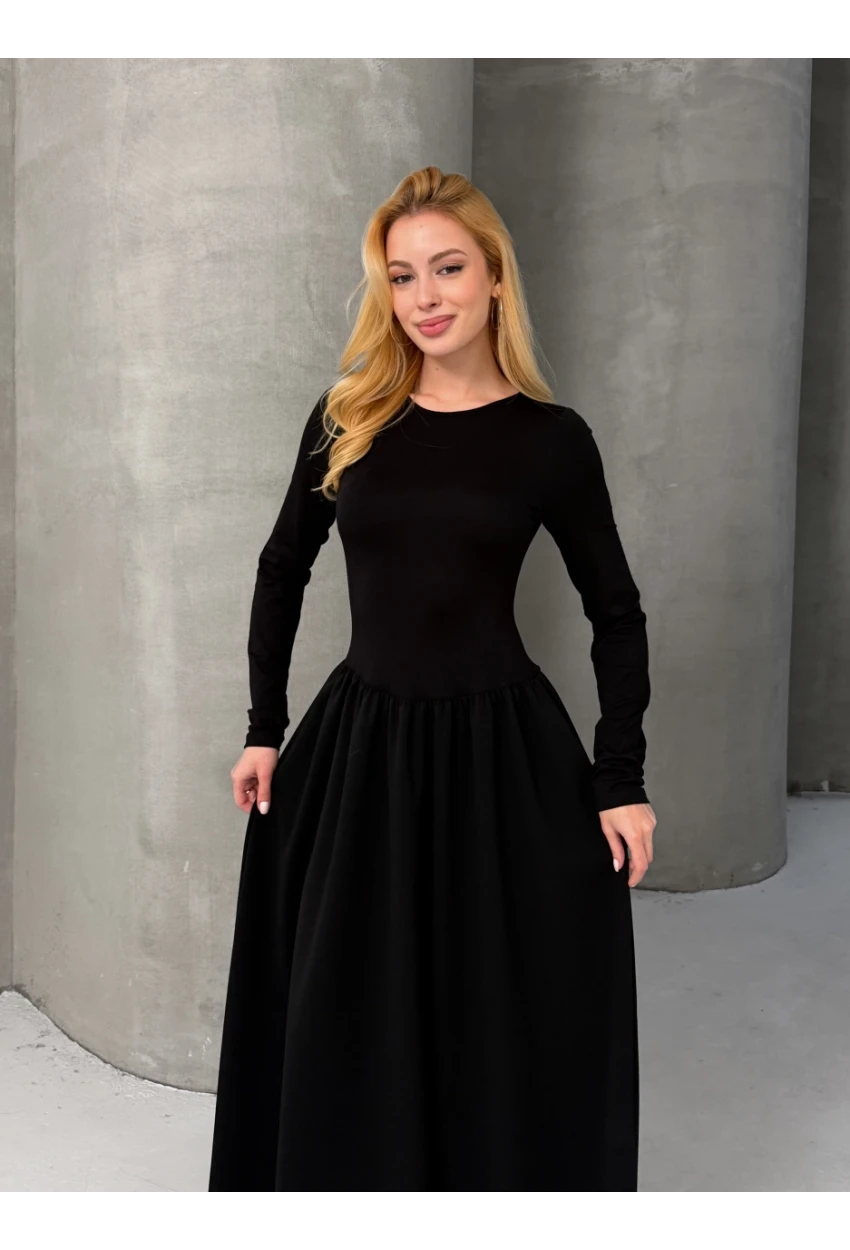 Maxi Boy Etek Kısmı Dokuma Poplin Kloş Üst Kısmı Esnek Viskon Siyah Elbise