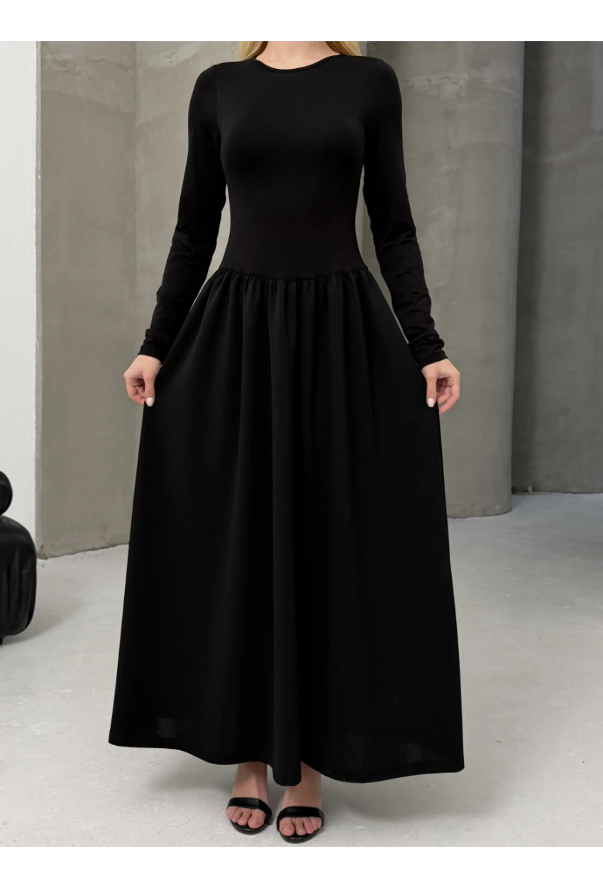 Maxi Boy Etek Kısmı Dokuma Poplin Kloş Üst Kısmı Esnek Viskon Siyah Elbise
