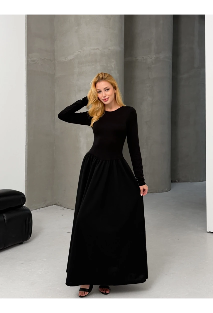 Maxi Boy Etek Kısmı Dokuma Poplin Kloş Üst Kısmı Esnek Viskon Siyah Elbise